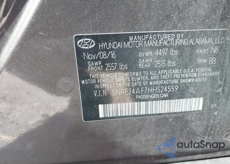 2017 Hyundai Sonata Se z USA, uszkodzony, nr VIN 5NPE24AF7HH524559